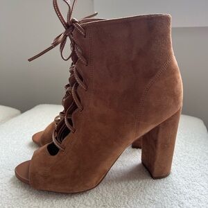 Sam Edelman Tan Yvie Ankle Lace-up Suede Open-toe Heel Bootie